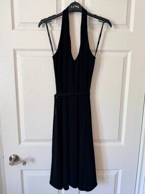 Joseph Ribkoff Black Flowing V-Neck Halter Midi Dress, Size 8.